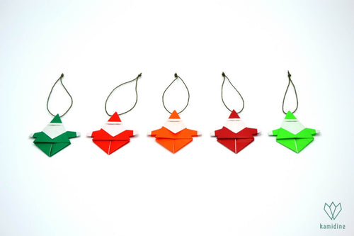 Lot de 5 Pères Noël en papier origami - rouge, vert et orange